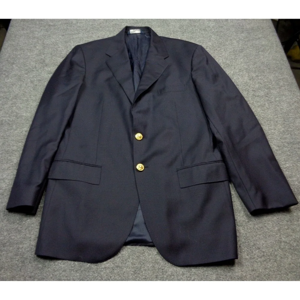 VTG Polo Ralph Lauren Navy Blue Virgin Wool Blazer Gold Crest Buttons 42L Italy